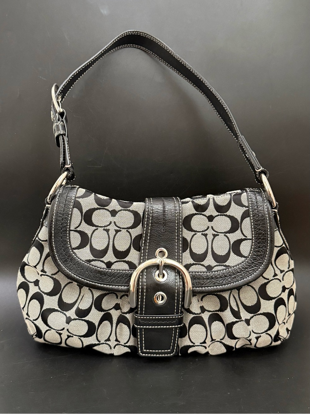 Vintage Y2K COACH 15203 Soho Signature Canvas Black Gray Buckle Shoulder Bag